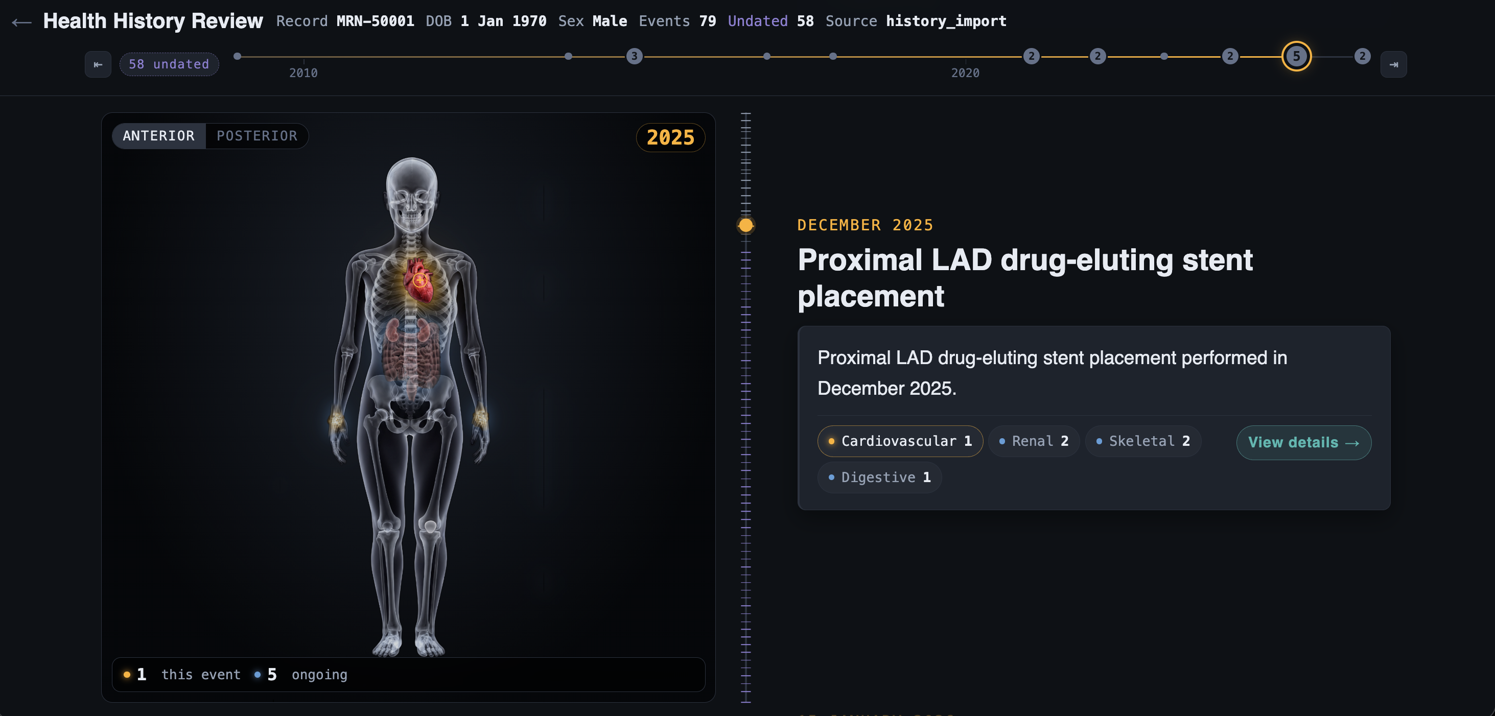 The health history review screen: a timeline of events across five decades, an anatomical figure with several systems highlighted, and dated event cards beside it